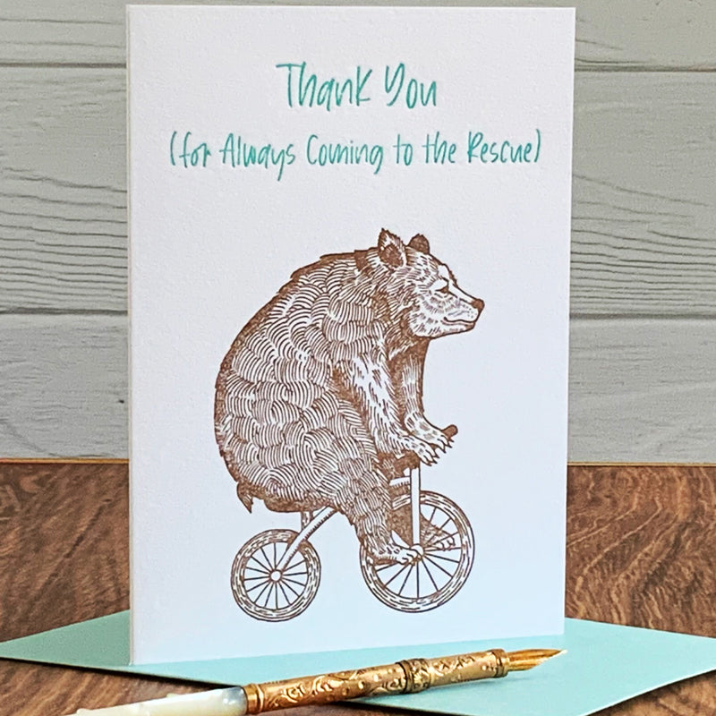 LETTERPRESS PRINTED BEAR ON A BIKE THANK YOU CARD