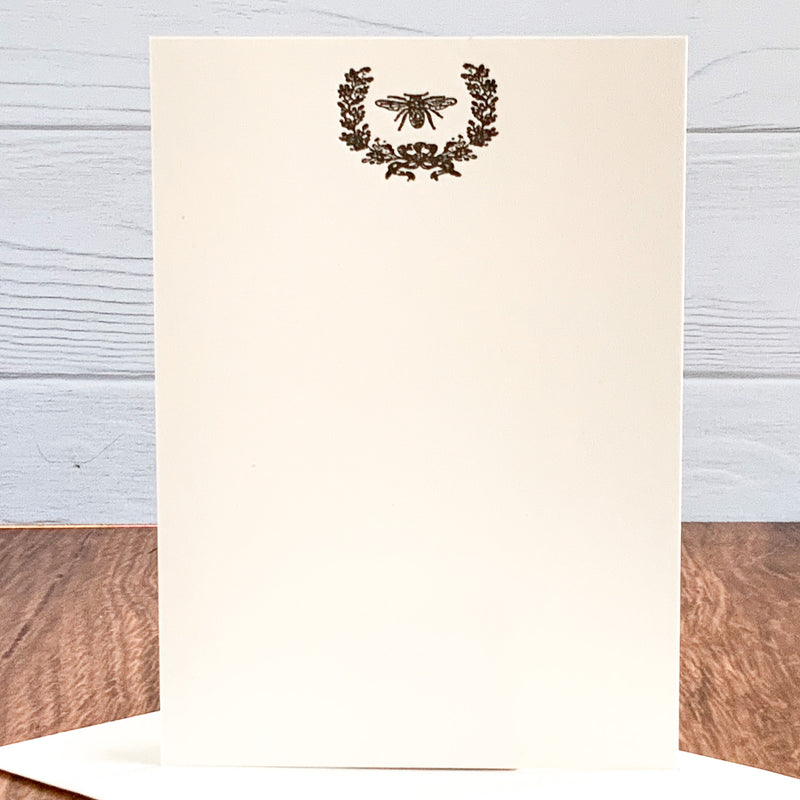 NOTE CARD WITH BEE AND LAUREL WREATH - LETTERPRESS PRINTED