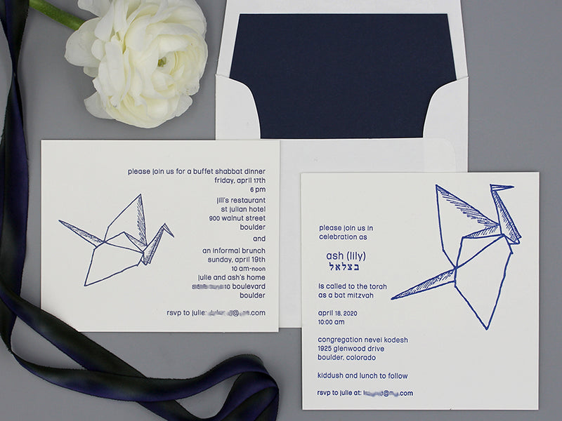 A letterpress printed Bat Mitzvah invitation featuring a drawing of an origami crane by the client. 