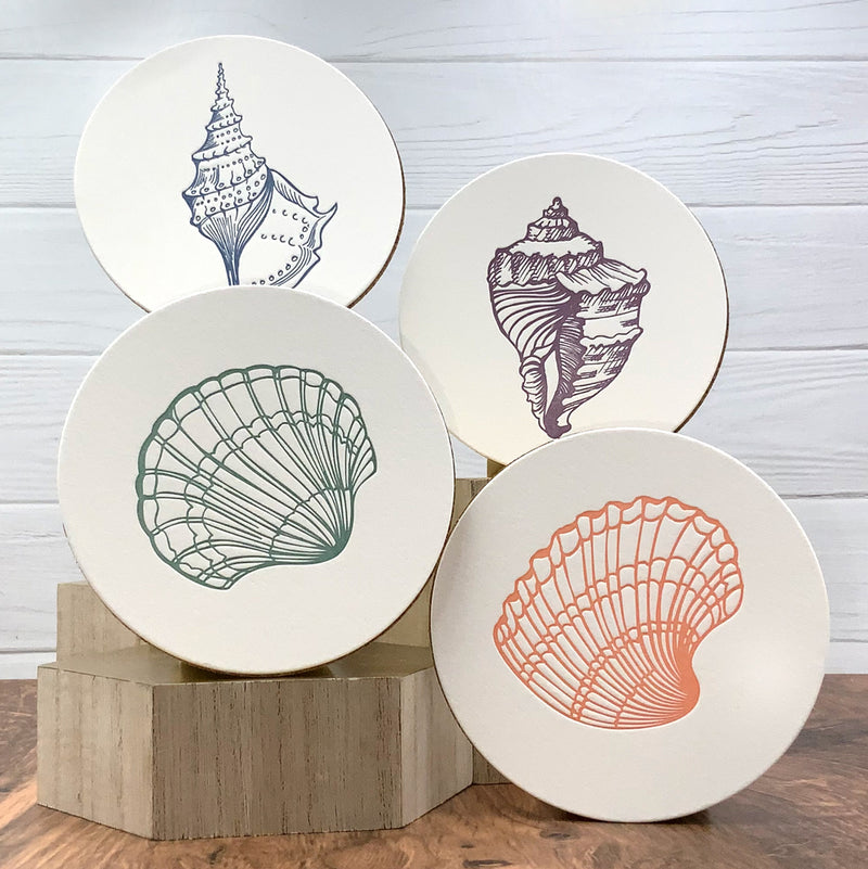 LETTERPRESS PRINTED COASTERS FEATURING COLORFUL SEA SHELLS -Set of 8