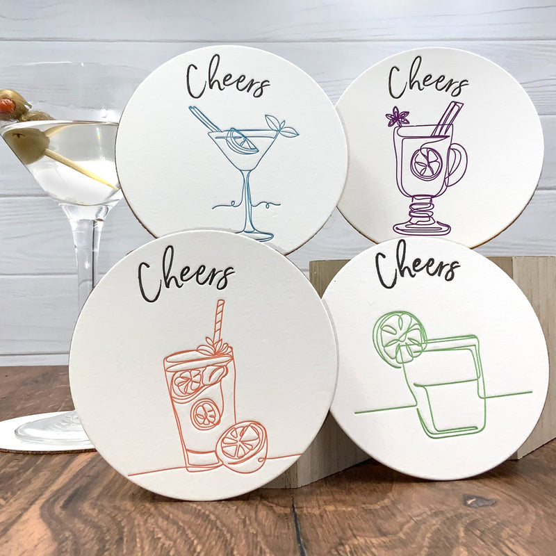 LETTERPRESS PRINTED COASTERS FEATURING PARTY COCKTAILS - Set of 8