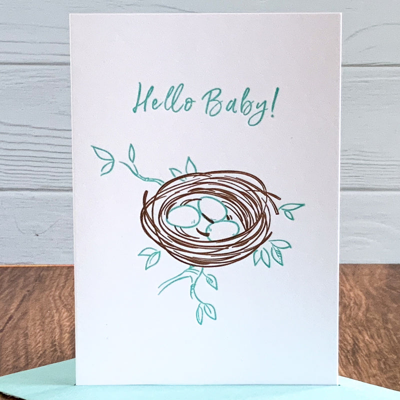 NEW BABY CARD WITH BIRD NEST - LETTERPRESS PRINTED