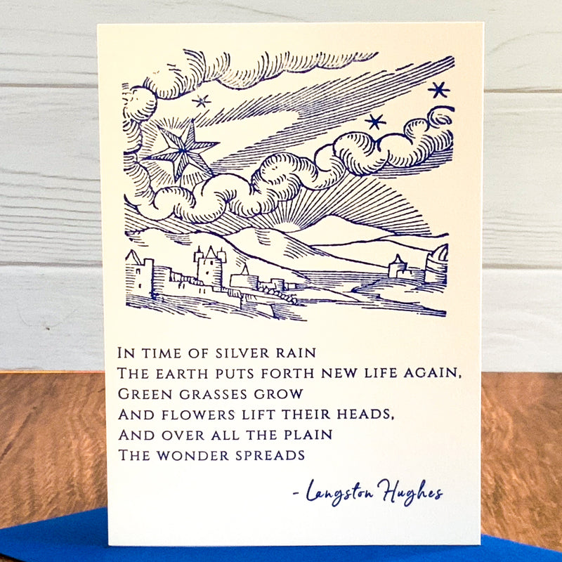 SILVER RAIN BLANK GREETING CARD WITH POEM BY LANGSTON HUGHES - LETTERPRESS PRINTED
