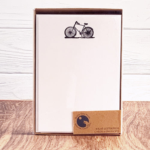 Letterpress printed cards sold in our online stationery store. The boxed set of 8 cards and envelopes feature a vintage bicycle image.