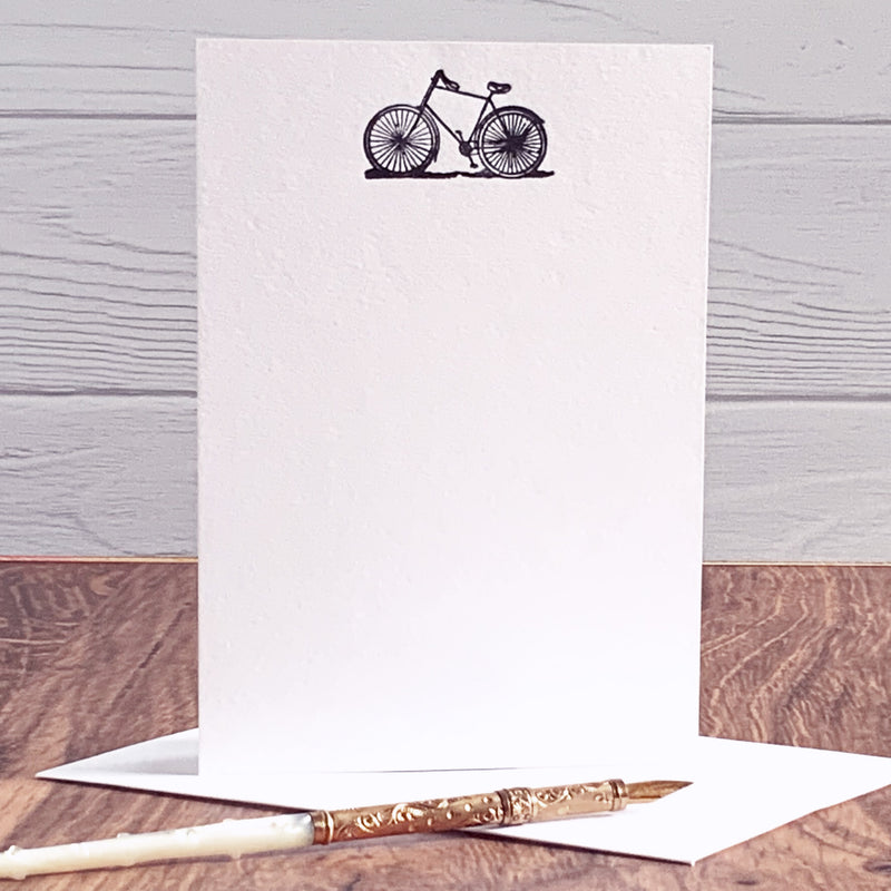 Letterpress printed cards sold in our online stationery store. The boxed set of 8 cards and envelopes feature a vintage bicycle image.